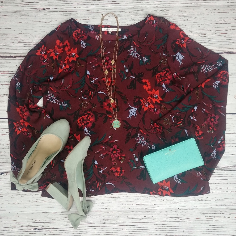 Floral Red Violet & Claire Bell Sleeve Top